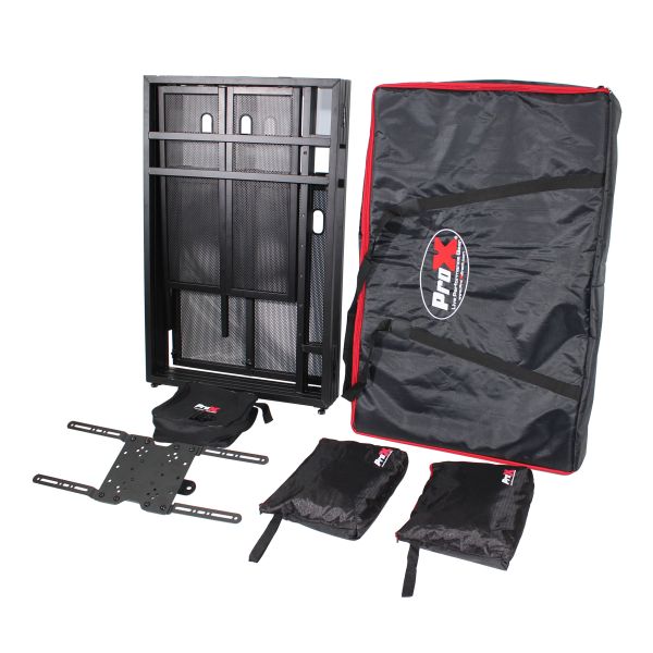ProX XF-MESAMEDIA MK2 DJ Facade Table Workstation with TV Bracket Mount,  White & Black Scrims, and Carry Bag